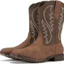 Rollda Cowboy Boots for Men Western Boots Men's Square Toe Chunky Heel Mid-Calf Boots Classic Embroidered Pull On Boots (9.5, Brown/Dark Brown)