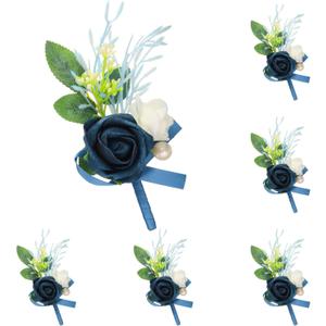 uxcell 6pcs Navy Blue Boutonnieres for Men, Artificial Flower Buttonholes Pocket Corsage with Boutonnieres Pins for Wedding Bride Groom Ceremony Anniversary Formal Party