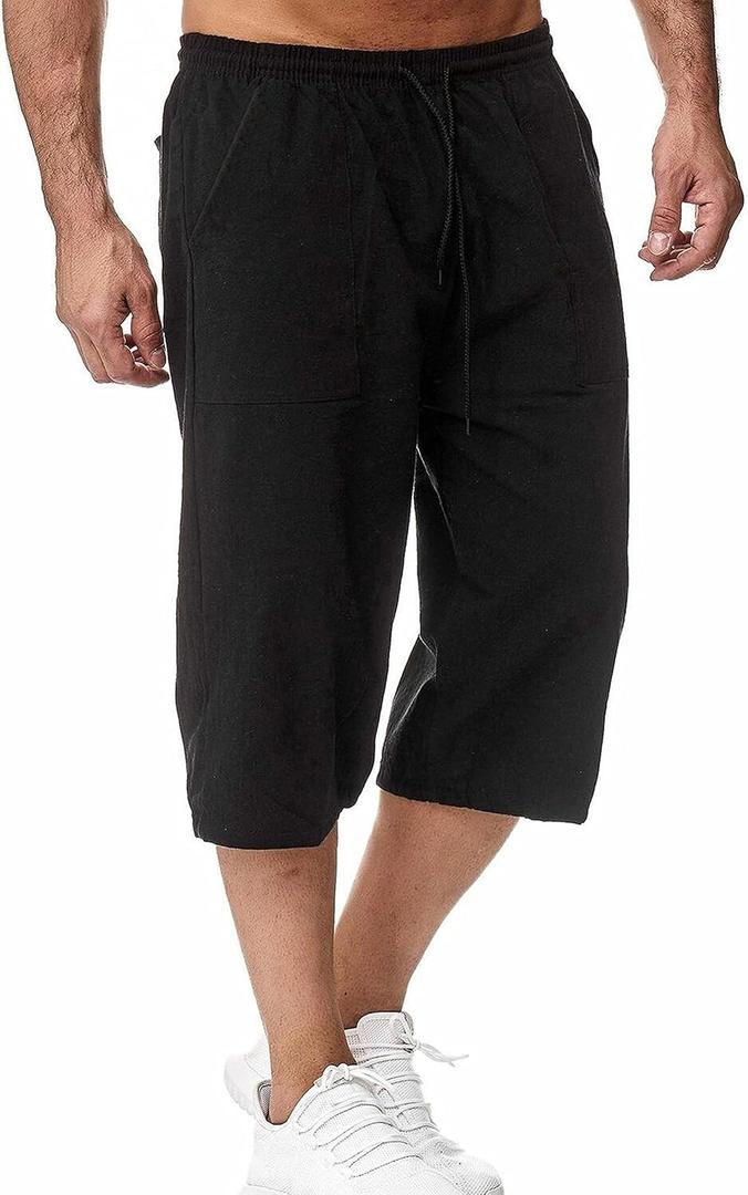 HangNiFang Men's Long Linen Shorts Below Knee Pocketed 3/4 Summer Drawstring Capri Pant, Large