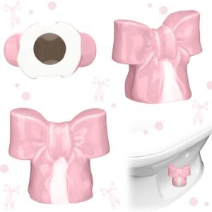 Wonderjune 2 Pack Toilet Bolt Caps Decorative Coquette Bow Bolt Screw Caps Ceramic Cute Bathroom Decor Fun Themed Gadgets Replacement Parts(Pink)