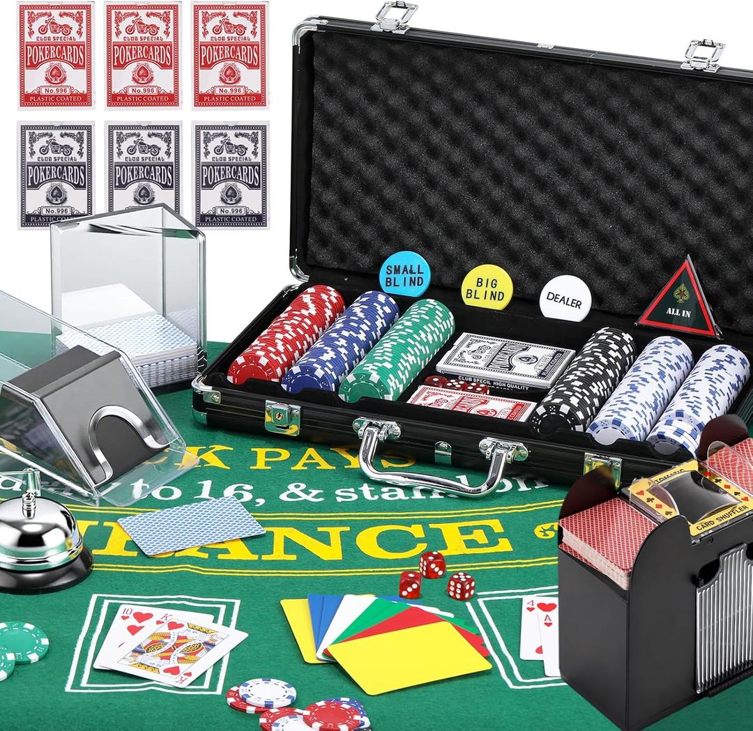 NEWTRY Blackjack Set, Complete Black Jack Set with Card Shuffler, 300pcs Chips, Poker Mat, Card Shoe, Chip Rake, Discard Tray, 8 Playing Cards, Bell, Dice, Cut Cards and 4 Buttons for Party Game Night