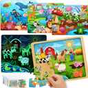 SYNCFUN 4-in-1 Animal Wooden Puzzles Glow in The Dark Toys, 24 & 35 PCS Montessori Puzzles Board Toys for Toddlers Ages 3-5, Farm, Ocean, Zoo, Insect Themes, Birthday Valentine Easter Gifts for Kids