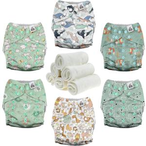 Mama Koala 3.0 Pocket Cloth Diapers for Babies with AWJ Lining, 6 Pack with 6 4-Layer Natural Cloth Diaper Inserts - Reusable and Washable Pocket Diapers (Adorable Animal)