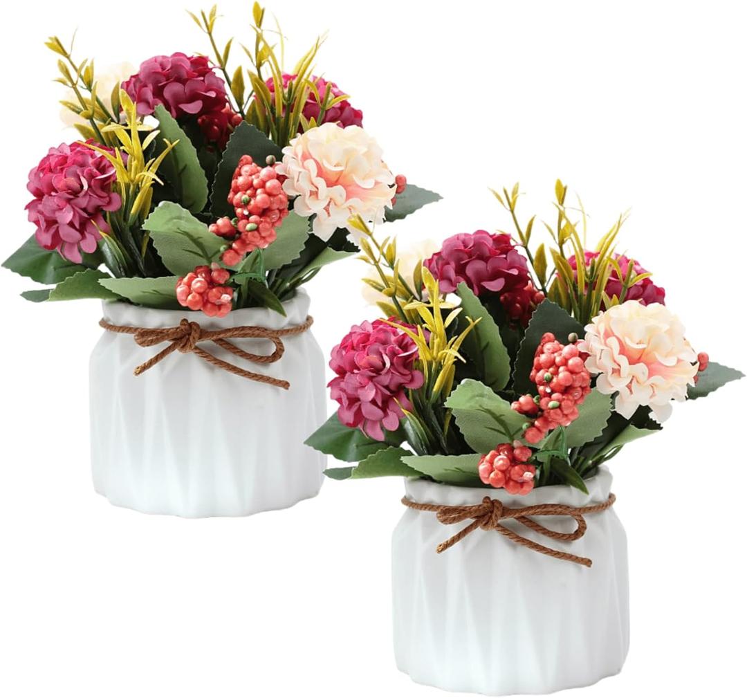 2 PCS Mini Hygrangea Artificial Flowers in Vase, Small Centerpiece Table Decorations - Fake Plant in Vase, Faux Hydrangea Flower Decor for Home, Wedding, Office and Party