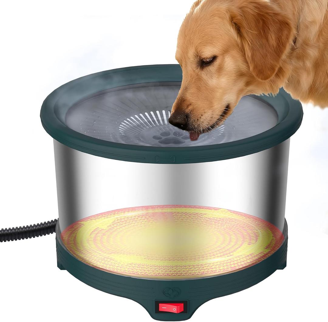 6.5L Heated Water Bowl, Stainless Steel Outdoor Heated Dog Bowl with Anti-Chew Cord, Large Capacity Heated Pet Slow Drinking Dish Provide Warm Water in Winter for Dogs