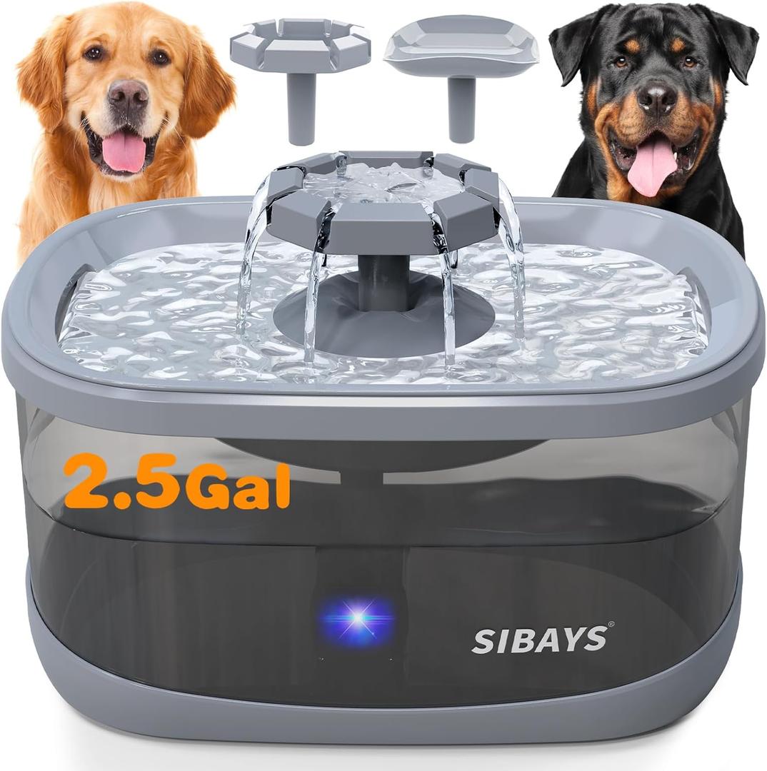 SIBAYS 2.5GAL/9.5L Dog Water Fountain for Large Dogs, 3 Flow Modes Large Pet Water Fountain for Cats, Automatic Dog Water Bowl Dispenser with 7" Filter & Smart LED Pump, Quiet, BPA-Free Material (BLACK-GREY)