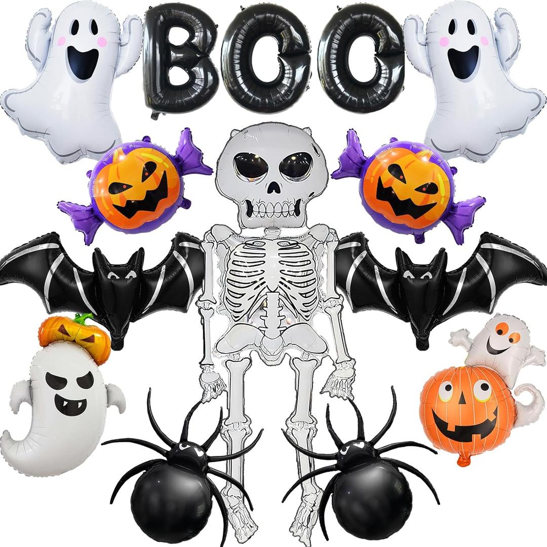 Halloween Party Decorations  12Pcs Ghost Skeleton Pumpkin Bat Spider BOO Foil Balloons Set for Halloween Birthday Party Supplies
