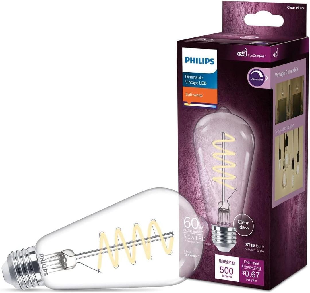 Philips LED Vintage Flicker-Free Clear Spiral ST19, Dimmable, Eyecomfort Technology, 500 Lumen, Soft White(2700K), 5.5W=60W, Title 20 Certified, E26 Base, 1-Pack (565838)
