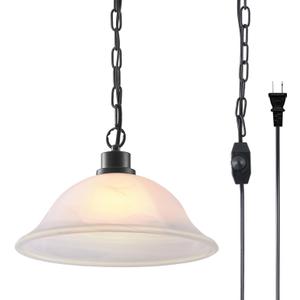 ANYLOVE Vintage Frosted Alabaster Plug in Pendant Light,12" Glass Shade,Black Chain,Adjustable Pendant Light,No Light Source,for Kitchen,Bedroom,Living Room, Vintage 