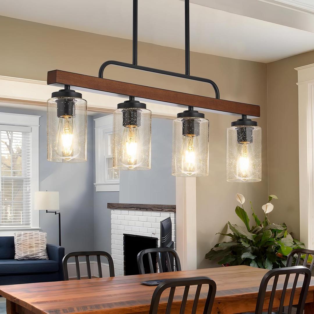 Farmhouse Dining Room Light Fixture, 4-Light Wood Kitchen Island Lighting, Industrial Chandeliers for Dining Room Over Table Black Pendant Light with Seeded Glass Shade for Bar Restaurant, Seeded Glass