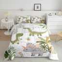 Feelyou Kids Cute Dinosaur Bedding Set Qween Size Cartoon Green Dinosaur Comforter Set for Boys Girls Teens Cute Animal Duvet Set Coconut Plant Quilt Set, 2 Pcs