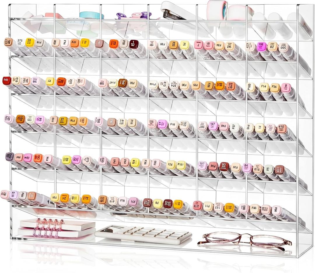 MotiMind Acrylic Pen Organizer Storage for 420 Markers Vertical Marker Organizer Acrylic Pen Display Holder for Office Desk Desktop Stationery Pencil Storage, Clear, 18 x 4 x 14.5 Inch