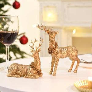 Gold Reindeer Christmas Decoration, 1Pc Small Christmas Reindeer Figurines Indoor, Tabletop Deer Statue Christmas Decor, Resin Deer Figurine Decorations for Home 