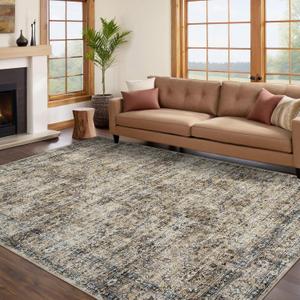 GarveeHome Area Rug 8x10 Washable Living Room Rug Non Slip Distressed Floor Cover Foldable Low Pile Traditional Accent Rug Floral Print Soft Throw Carpet for Bedroom Dining Room Office, Brown