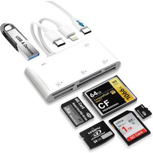USB-C & Lightning to SD Card Reader for iPhone/iPad/Android, 7-in-1 Memory Card Adapter Supporting SD/MicroSD/CF/MS/XD Cards, USB OTG Camera Adapter with Portable Design, Fast Charging & Plug and Play