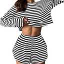 Remidoo Women's Split Short Pajama Set Striped Long Sleeve T Shirt and Shorts Pajamas Loungewear Black X-Large