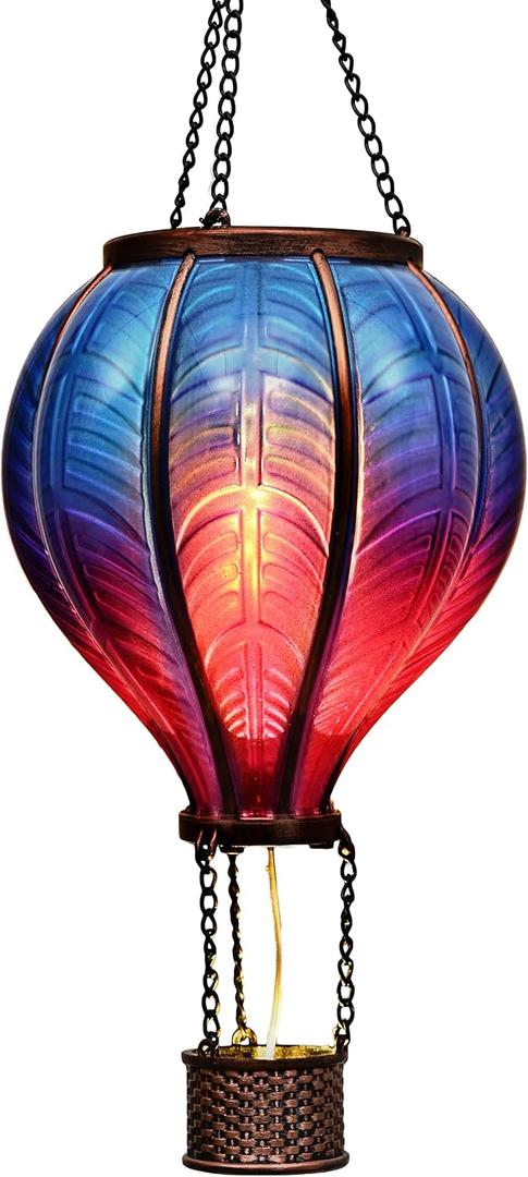 TERESA'S COLLECTIONS Hot Air Balloon Solar Lantern for Garden Decor, Flickering Flame Hanging Solar Light for Outdoor Decorations, Blue & Purple Plastic Lamp for Yard Tree Porch Party, Gift for Mom