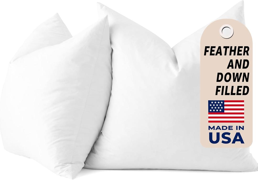 COZY ONE 18x18 Feather Pillow Inserts Set of 2100% Cotton Cover, Breathable and Skin Friendly  Decorative Throw Pillow Inserts for Sofa, Chairs, Beds, Benches (18x18 inch, White, Set of 2)