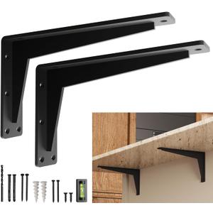 2 Pack Heavy Duty Shelf Brackets 12 Inch Mantel Decorative L Bracket for Shelves, Metal Shelf Support Bracket, Wall Mounted Granite Countertop Iron Corbels, Floating Black Shelving Brackets