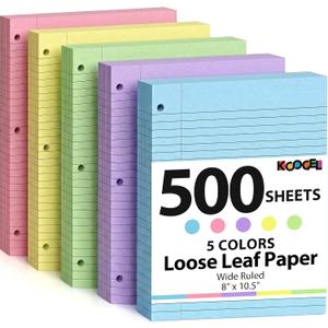 Koogel 500 Sheets Colored Filler Paper, 5 Colors 8 x 10-1/2 Inch Wide Ruled, 3-Hole Punched, Loose Leaf Notebook Paper for 3 Ring Binders, for Students & Office, School Supplies