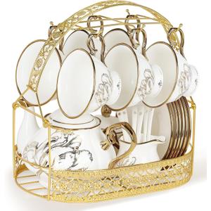 fanquare British Porcelain Tea Coffee Set 22 Piece New Bone China Gold Tulip Tea Service for Afternoon Tea, 6 TeaCup and Saucers with Metal Holder for Home Wedding Birthday