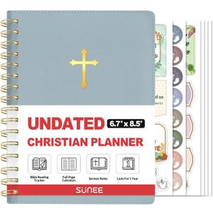 SUNEE Christian Planner - Undated 12 Month Bible Journal and Prayer Planner A5 Spiral Bound, Monthly & Weekly Christian Organizer Gifts for Women Men (Grey Blue)