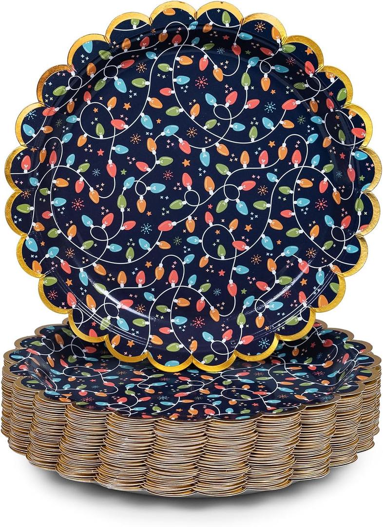 Christmas Paper Plates, 50-Count Disposable Christmas Dinner Plates, Scalloped Gold, Party Supplies