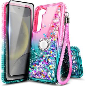 NGB Designed for Samsung Galaxy S23 Case, Pink/Aqua | Glitter Liquid Sparkle Cute Cover for Women Girls Kids | with Screen Protector & Ring Holder & Wrist Strap Lanyard