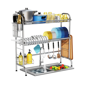 Stainless Steel 2-Tier Over The Sink Dish Drying Rack with Utensil Holder, Large, for Kitchen Counter