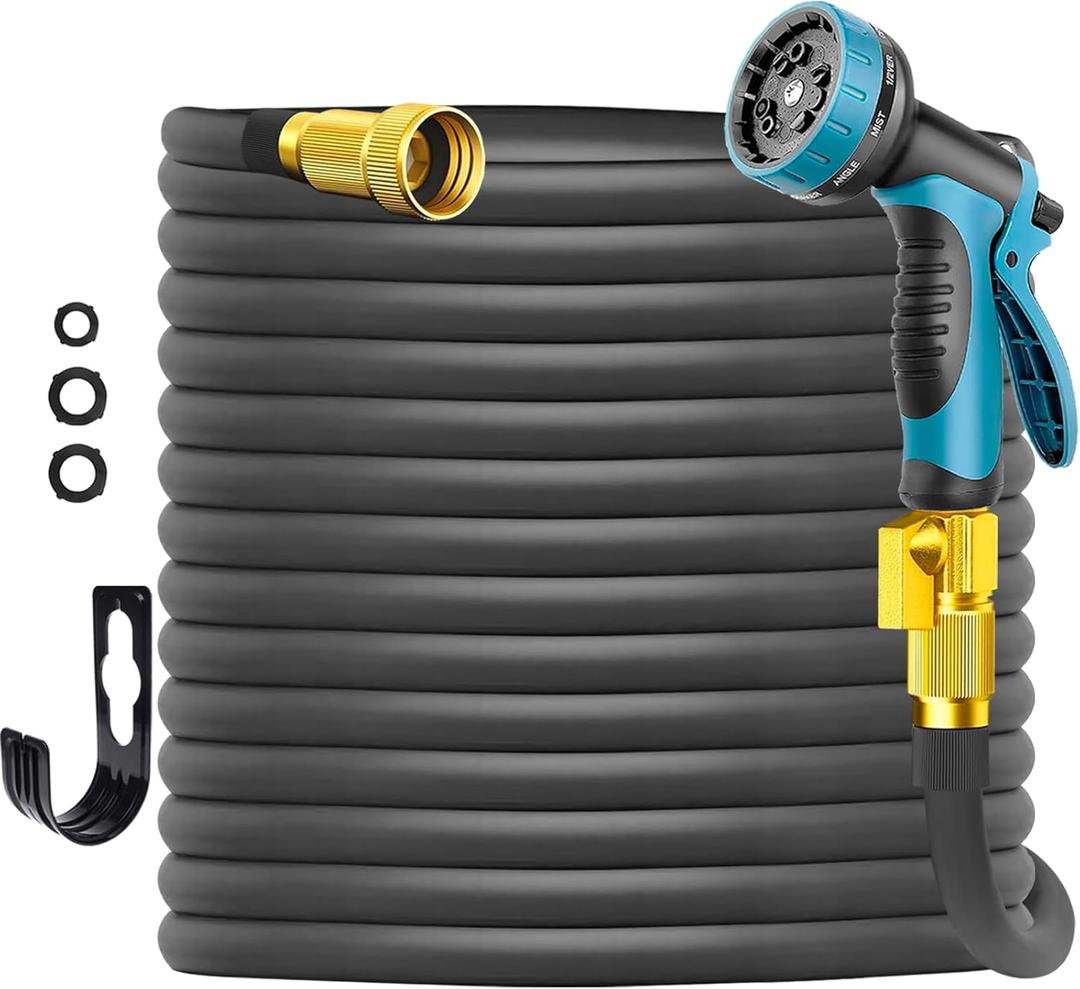 Garden Hose 25 ft, Lightweight No-Kink Leakproof Water Hose with 10 Functions Spray Nozzle and 3/4" Brass Connectors, for Lawn Watering, Floor Cleaning, and Car Washing, Black Blue