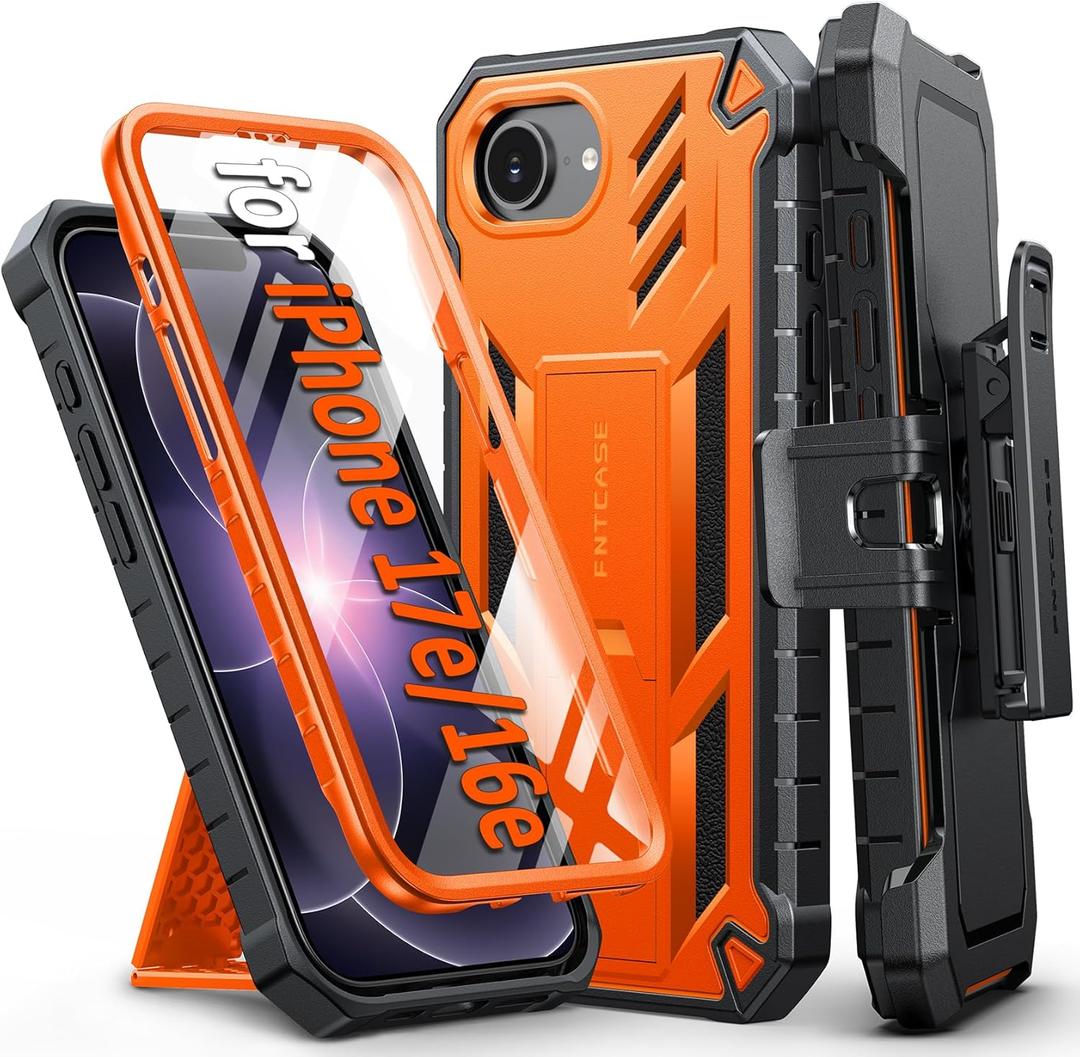 FNTCASE for iPhone 17e Phone Case: for iPhone 16e Case Military Grade Rugged Case with Kickstand & Holster | Shockproof TPU Protection Bumper Matte Textured Design | Heavy Duty Protector Orange