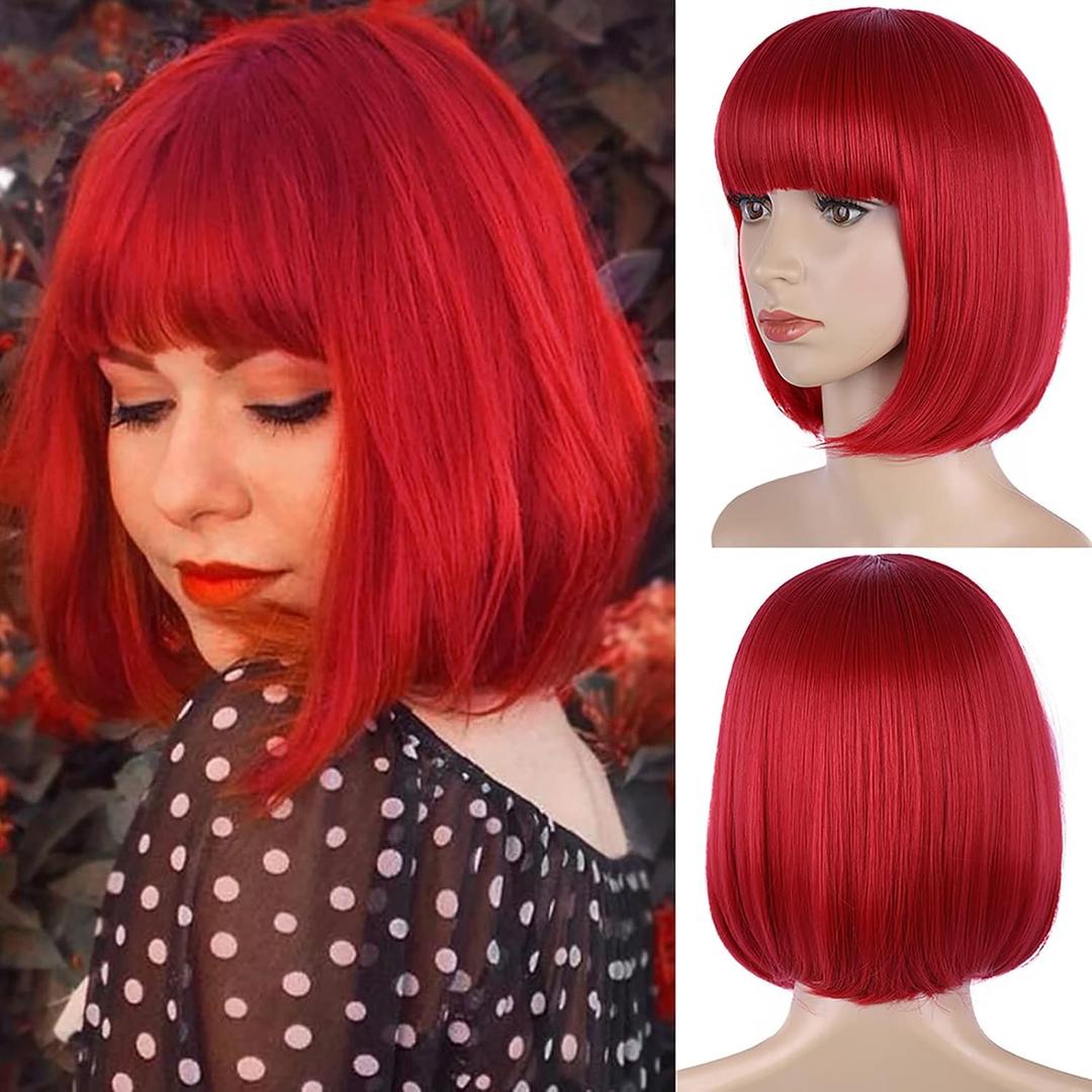 MOSINA Red Bob Wig - Short Red Straight Bob Wigs with Bangs for Women, Colorful Short Hair Wig, Cute Synthetic Wigs for Cosplay, Daily, Halloween (12 Inch)