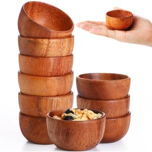 Skylety 10 Pcs Acacia Wooden Bowls Small Calabash Bowls Round Wood Salad Hand Carved Calabash Dip Tray for Serving Popcorn Pasta Coconut Nuts Sauce Appetizers Home Kitchen (2.2 Inch)