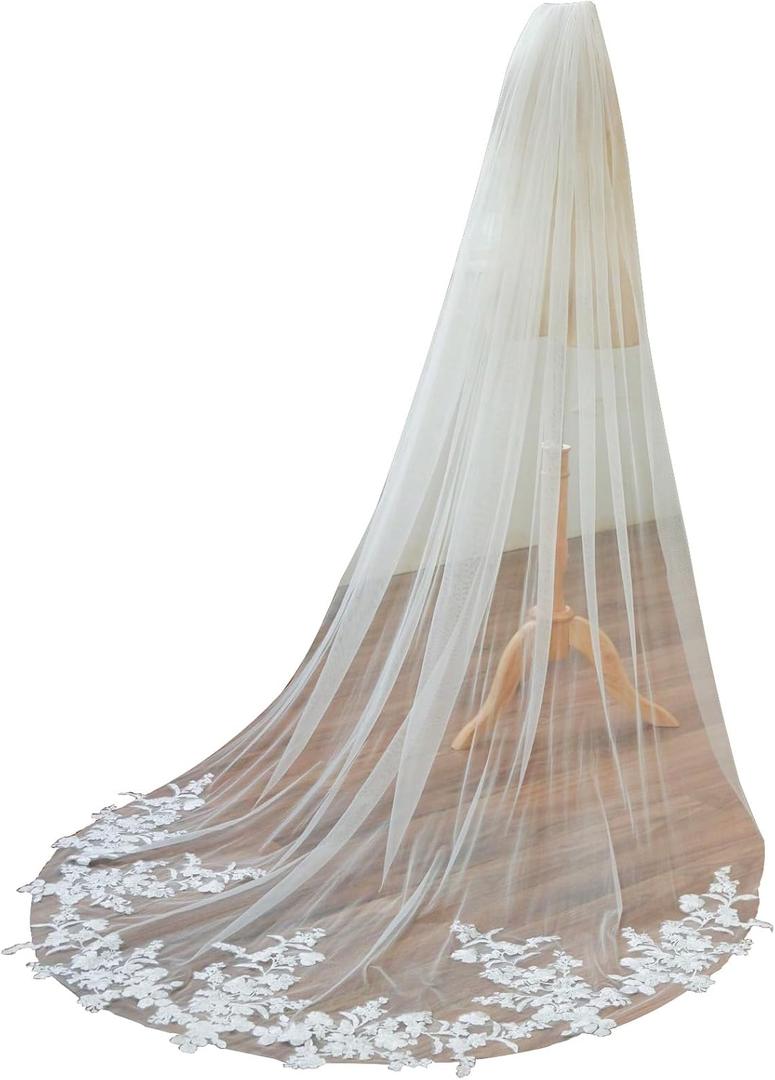 Chapel Length Floral Lace Wedding Bridal Veil with Metal Comb (98inch(250cm), Ivory)