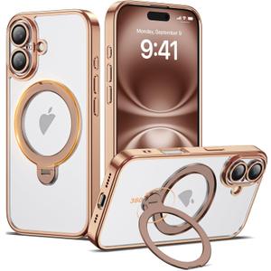 Compatible with iPhone 16 Case with 360 Rotatable Magnetic Ring Stand [Compatible with Mag-Safe] Full Camera Lens Protector Plating Clear Phone Case for iPhone 16 6.1", Desert Gold