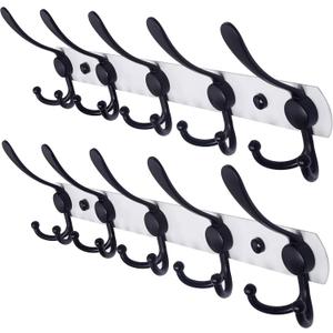 Dseap Wall Mounted Coat Rack - 5 Tri Hooks, Heavy Duty, Stainless Steel, Metal Coat Hook Rail for Coat Hat Towel Purse Robes Mudroom Bathroom Entryway (White & Black, 2 Packs)