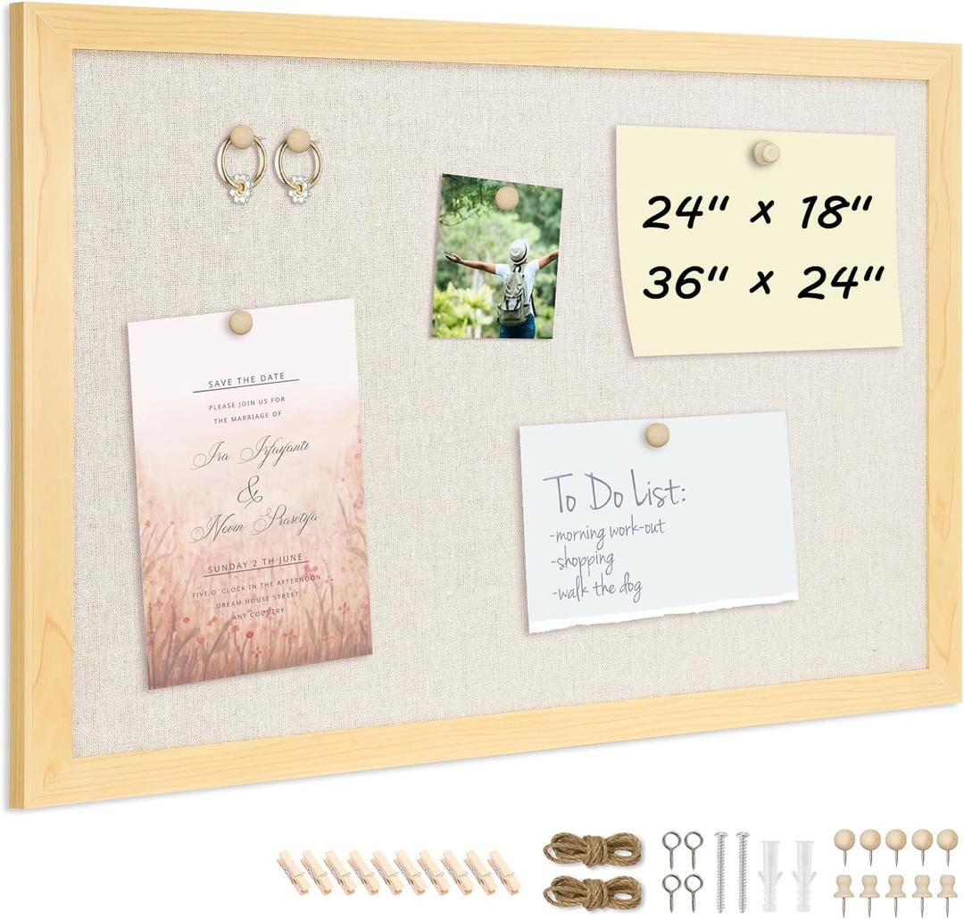 DOLLAR BOSS Bulletin Board with Linen 24'' x 18'' Wood Framed Cork Boards for Walls, Photo Display Pin Board, Decorative Corkboard for Office Home School Dorm Decor with 10 Pushpins, Natural Wood