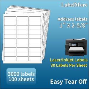 1" X 2-5/8" Address Labels 30 Per Sheet Sticker Paper for Laser and Inkjet Printers, 8.5"11" White- 3000 Labels