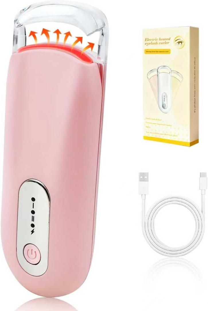 Heated Eyelash Curler for Natural Lashes 2-Level Adjustable Temperature Mini Electric Lash Curler Fast 3-Second Heat Up 24 Hours Long-Lasting Curl (Pink)