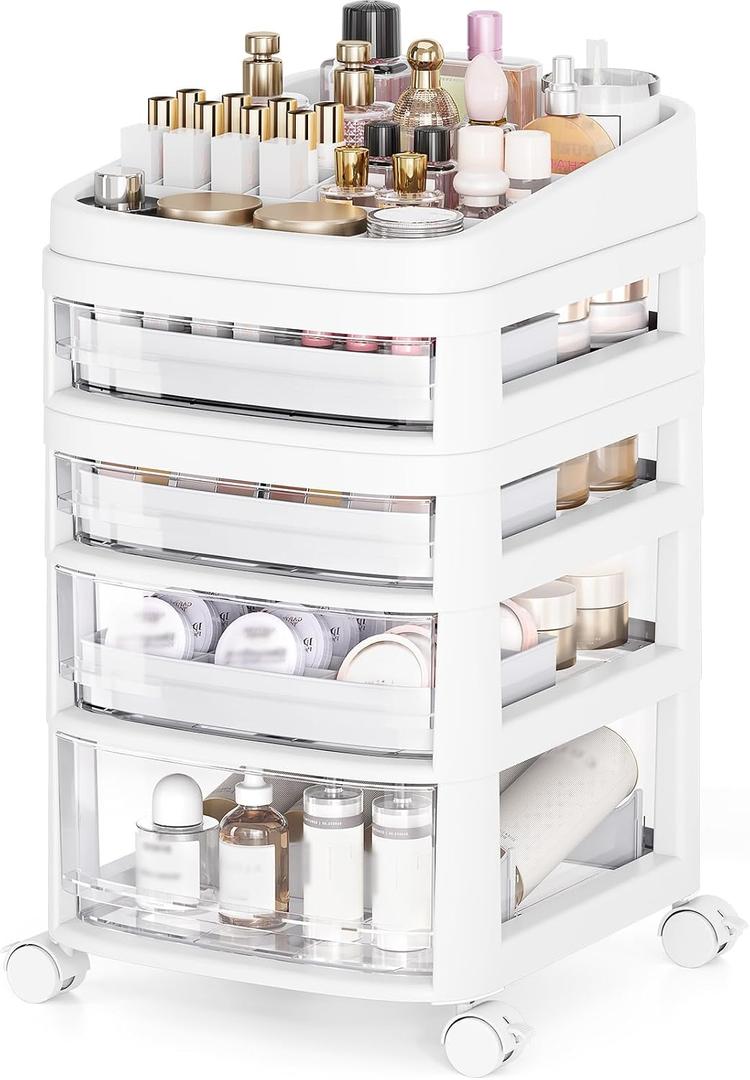 Rolling Cart with 4 Drawers, Clear Plastic Drawer Organizers, Vanity Cart