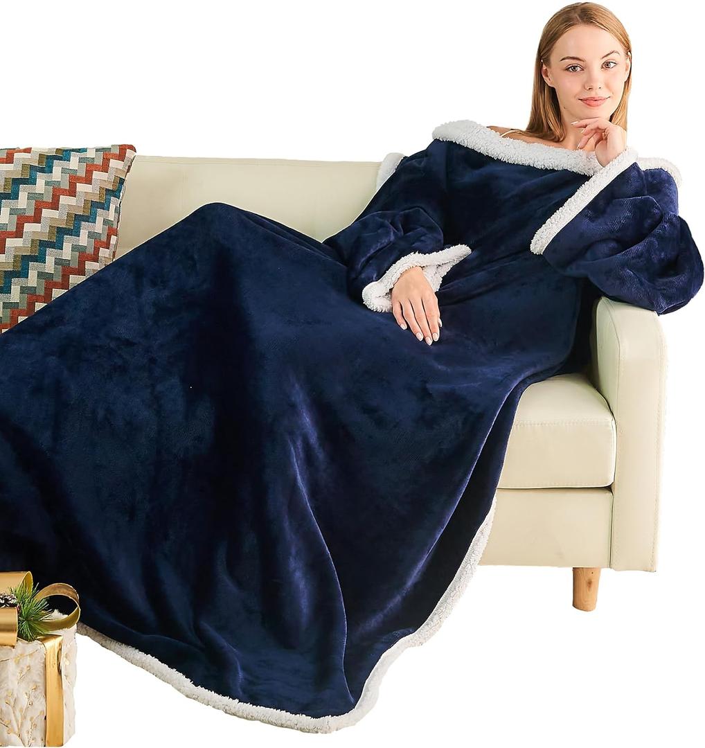 Ramees Sherpa Wearable Blanket with Sleeves and Pockets, Soft Warm TV Blanket Throw for Men and Women