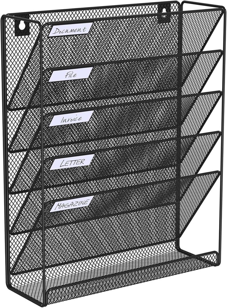 Hanging Folder Organizer Mesh 6 Tier, Wall File Organizer Hanging Paper Organizer, Wall Mount Mail Storage, Office Organization and Storage Rack for Home Office, Black