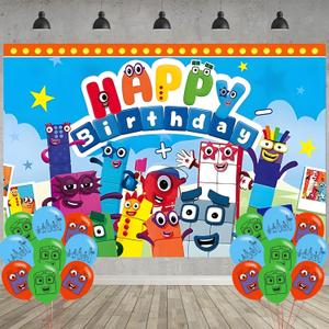 Number Birthday Party Decoration,Block Party Photo Background 5 x 3 FT and 18 Pcs Balloon,Merch Party Backdrop Supplies