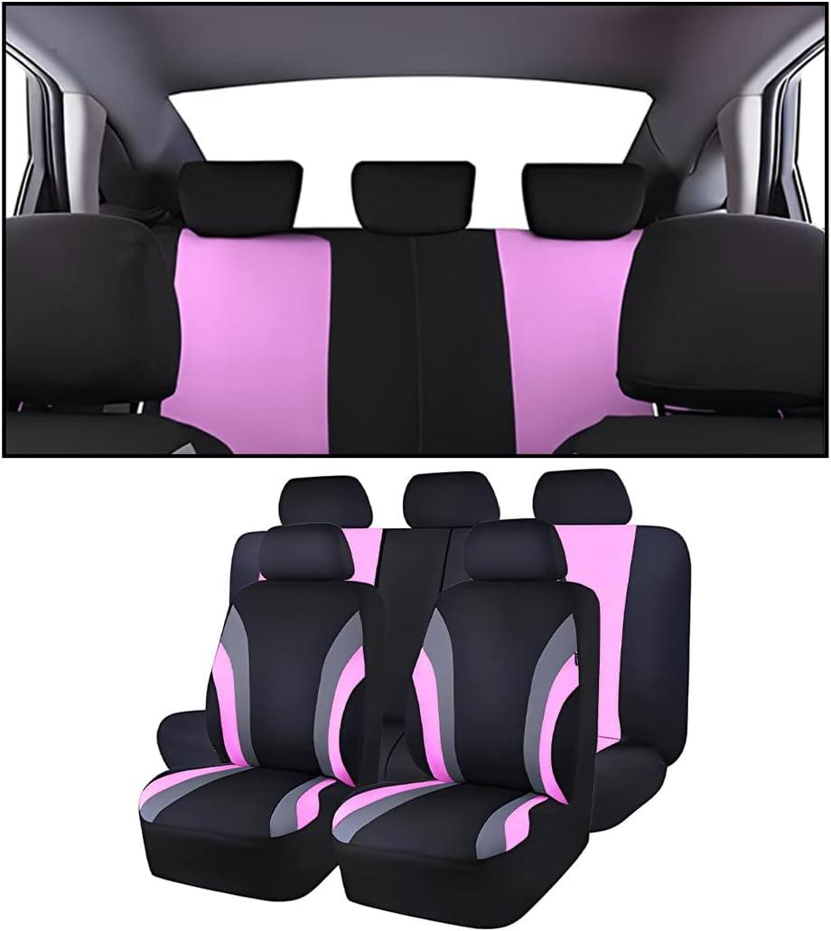 AUCELI Car Seat Covers Full Set, Breathable Front and Rear Seat Covers with 2mm Composite Sponge Inside, Premium Cloth Automotive Seat Cushion Protectors Covers for Most Cars (Pink)