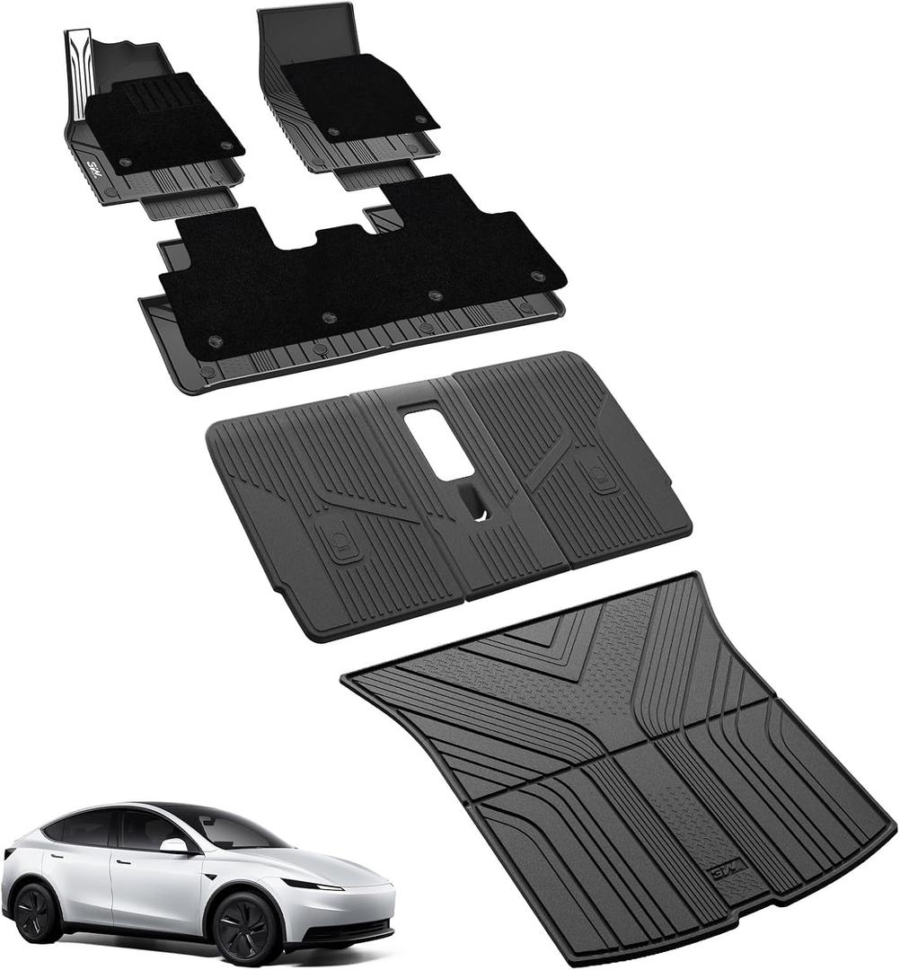 3W Floor Mats with Carpets for 2025 2026 Tesla Model Y Juniper Only Fit Standard 5 Seat Metal Pedal Liner & Rear Cargo Mat & Backrest Mats Anti-Slip All Weather TPE Car Accessories, Black, Vigormold™