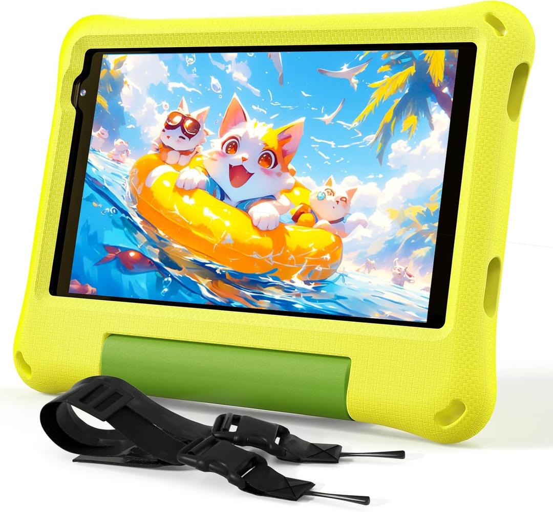 Kids Tablet 8 Inch Android 15, Octa-Core 12GB RAM + 64GB ROM, Toddler Tablet with WiFi 6, Parental Control, Pre-Installed Kids Space, EVA Case, Anti-Glare Screen Protector, Adjustable Strap (Yellow)