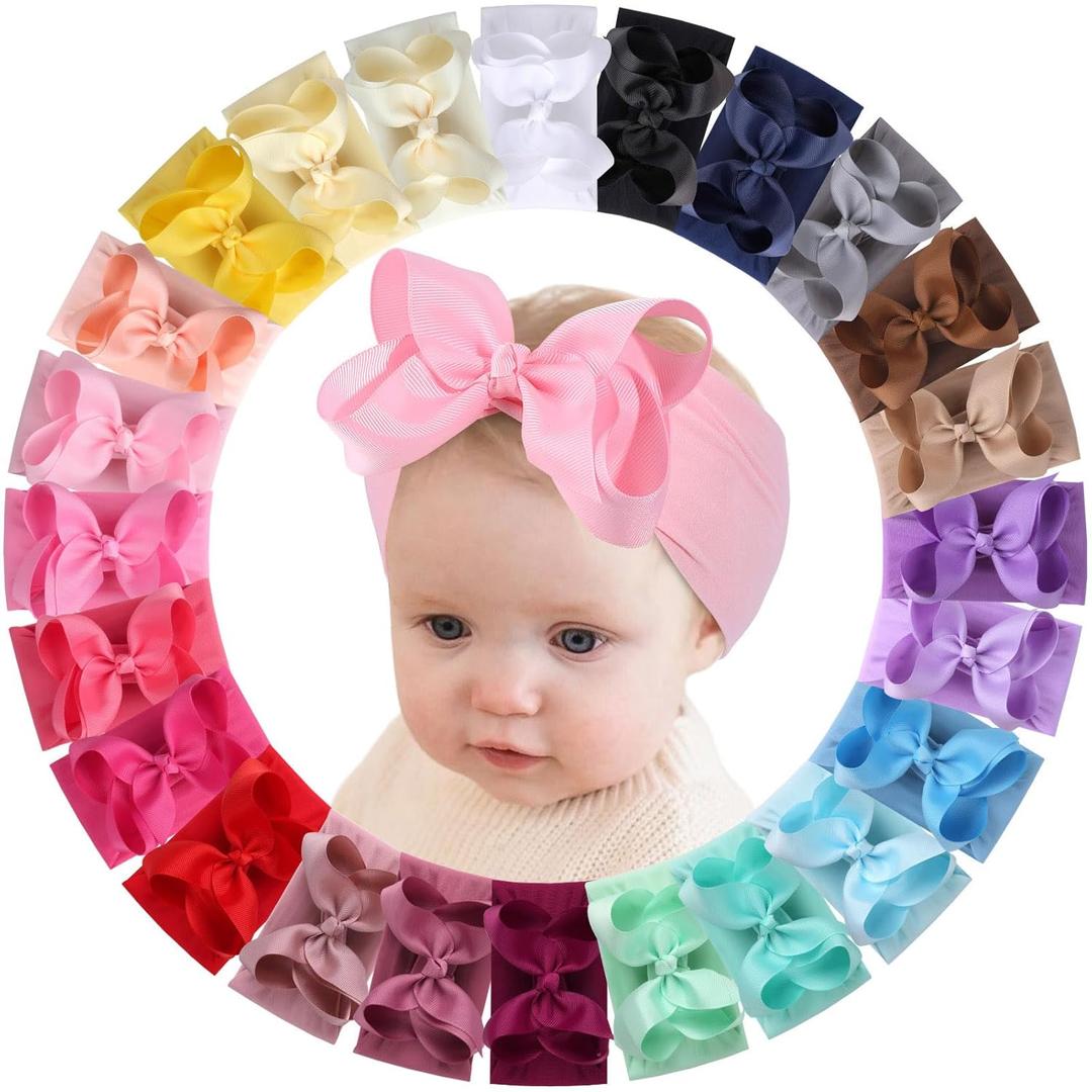 OAOLEER 24PCS Baby Girls Bows Headbands, Nylon Hairbands Ribbon Bow Elastic Hair Accessories for Newborns Infants Toddlers and Kids (Baby Headbands)