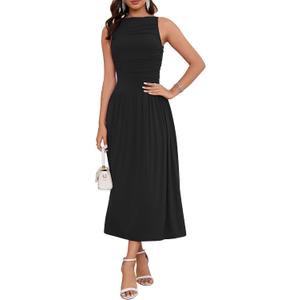 2026 Summer Formal Dresses for Women Casual Ruched Maxi Dress Sleeveless Drop Waist Boat Neck Long Flowy Sundress Large