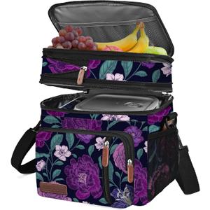 MIYCOO Lunch Bag & Lunch Box for Women Men, Double Deck Leakproof Insulated Soft Large Adult Camping Cooler bag for Work, Beach, Picnic, Travel (Purple Flower, 15L)