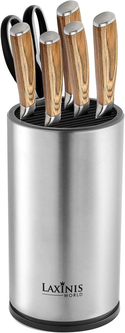Universal Knife Block, Stainless Steel Round Knife Holder with Scissors-Slot, Counter-top Storage, Holds 12 8.5-Blade Knives, 9 by 4.5 (knives not included)